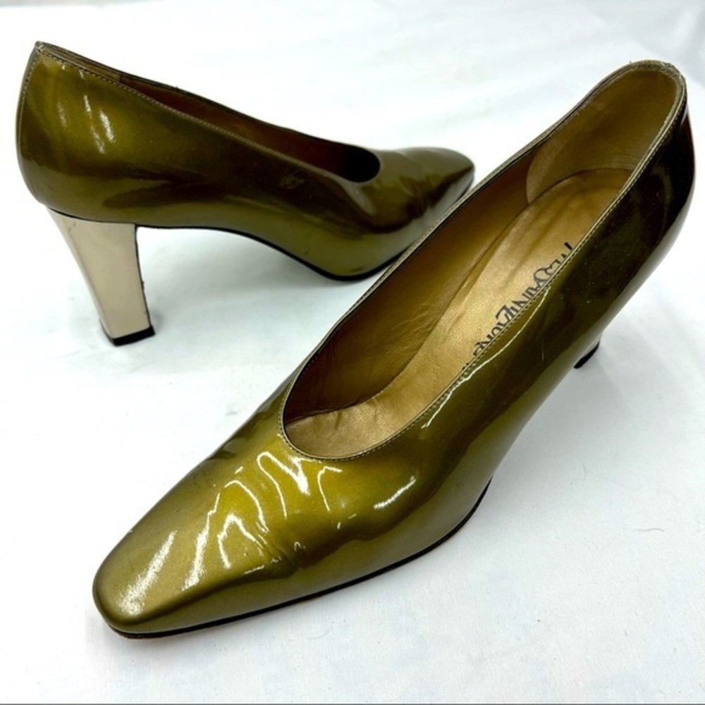 YVES SAINT LAURENT Green Patent Leather Pumps silver Heels 9.5 M
